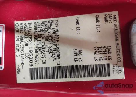 2012 Nissan Altima 2.5 S from USA, damaged, VIN 1N4AL2EPXCC195109